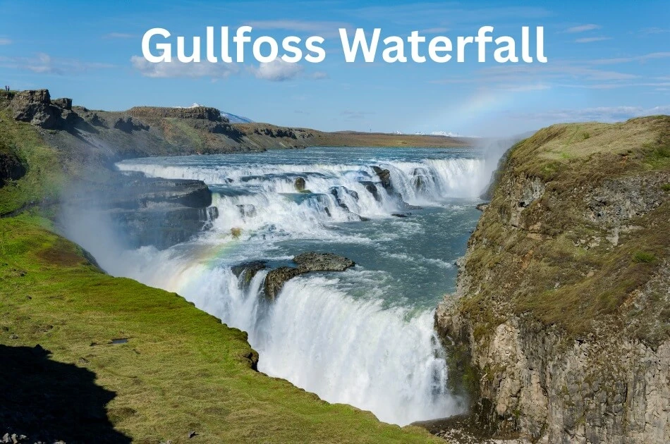 Stunning view of Gullfoss Waterfall in Iceland’s Golden Circle, showcasing powerful cascading water, rainbows, and dramatic cliffs
