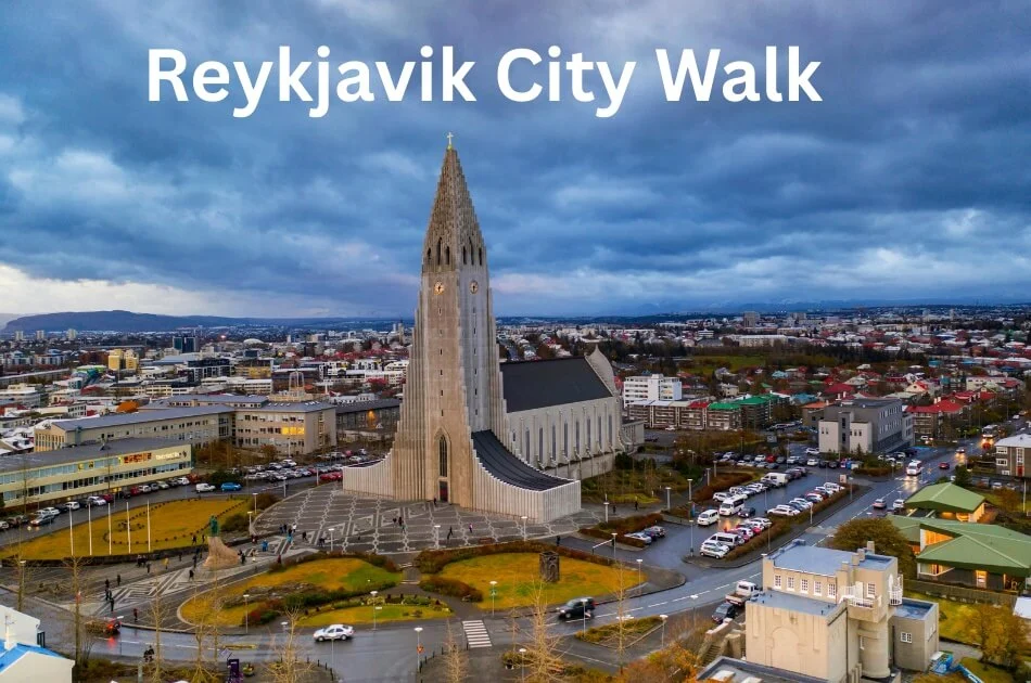Reykjavik city walk with Hallgrimskirkja church and panoramic city view in Iceland