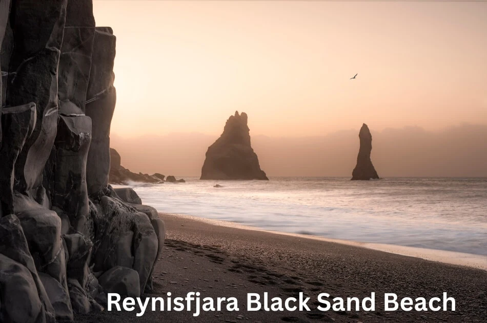 Reynisfjara black sand beach Iceland with basalt rocks and sea stacks at sunset